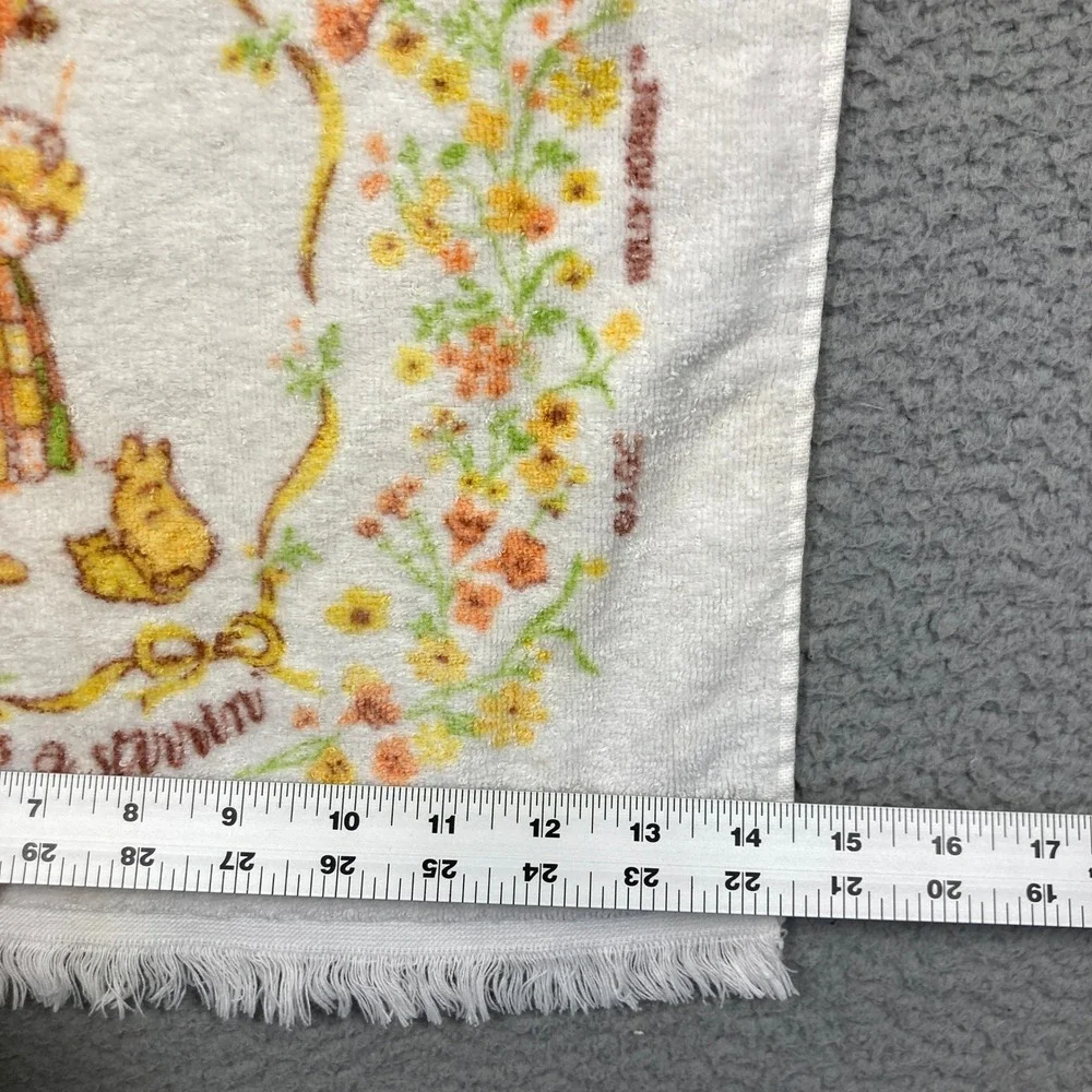 Vintage 70s Holly Hobbie Bath Hand Towel White Fringed Floral Cotton Cannon